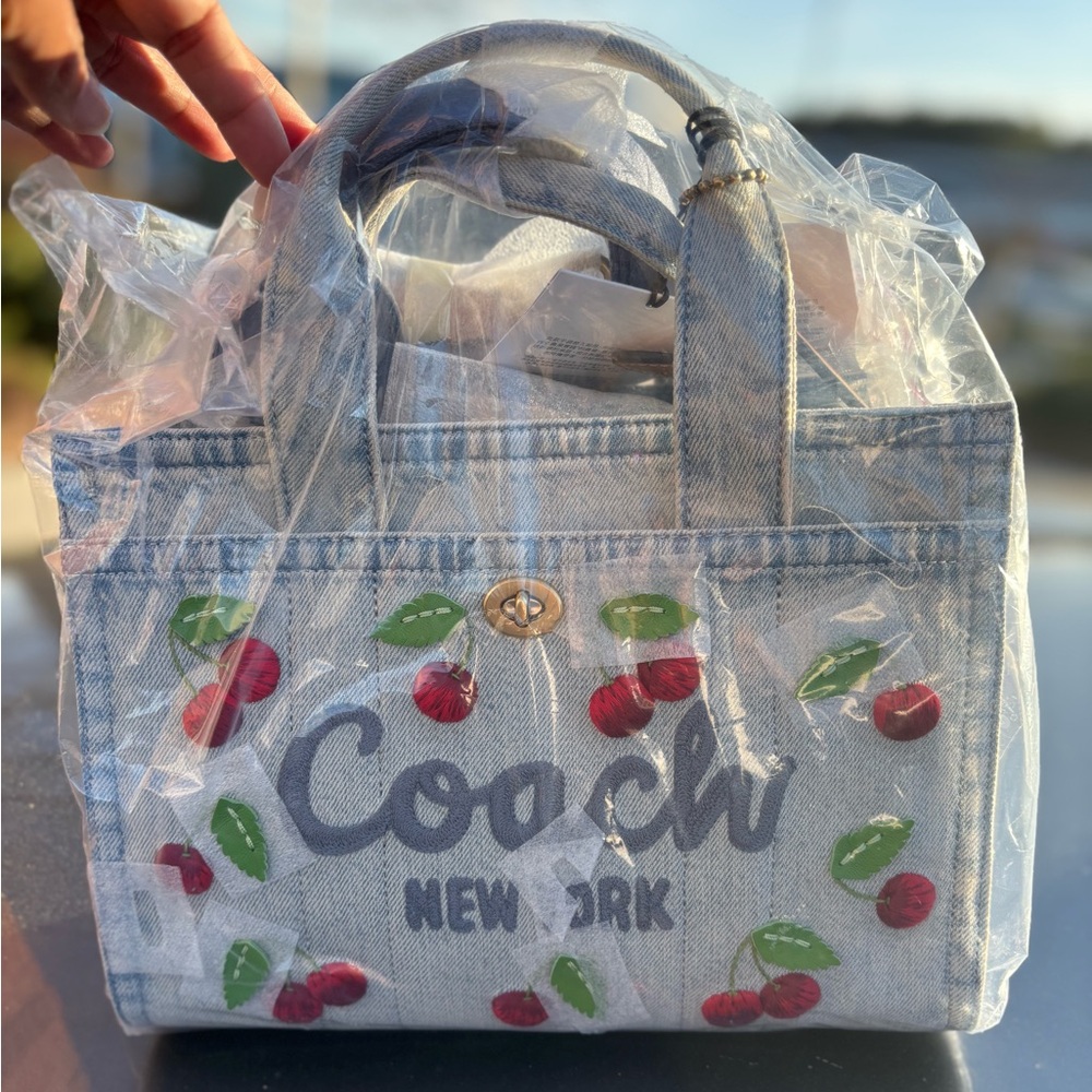 NWT Cherry Embroidered Denim Cargo Tote 26 In Original Packaging Cherries 🍒